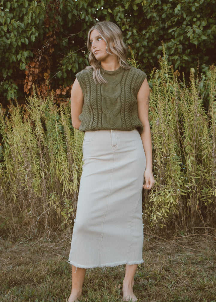 Toffee Twist Denim Midi Skirt