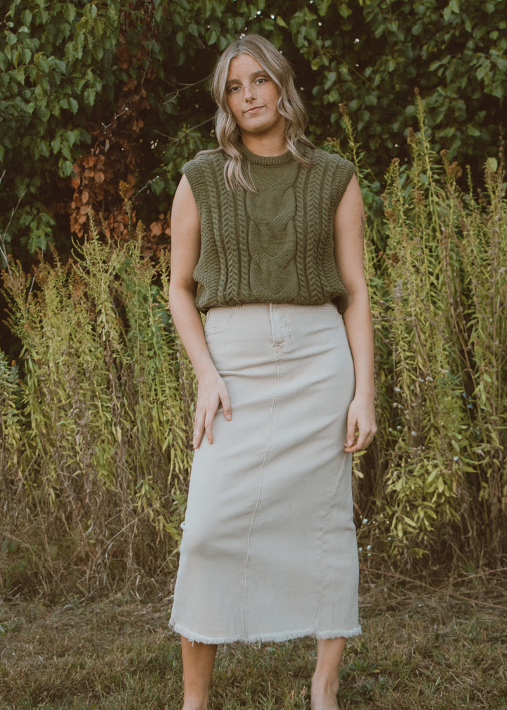 Toffee Twist Denim Midi Skirt