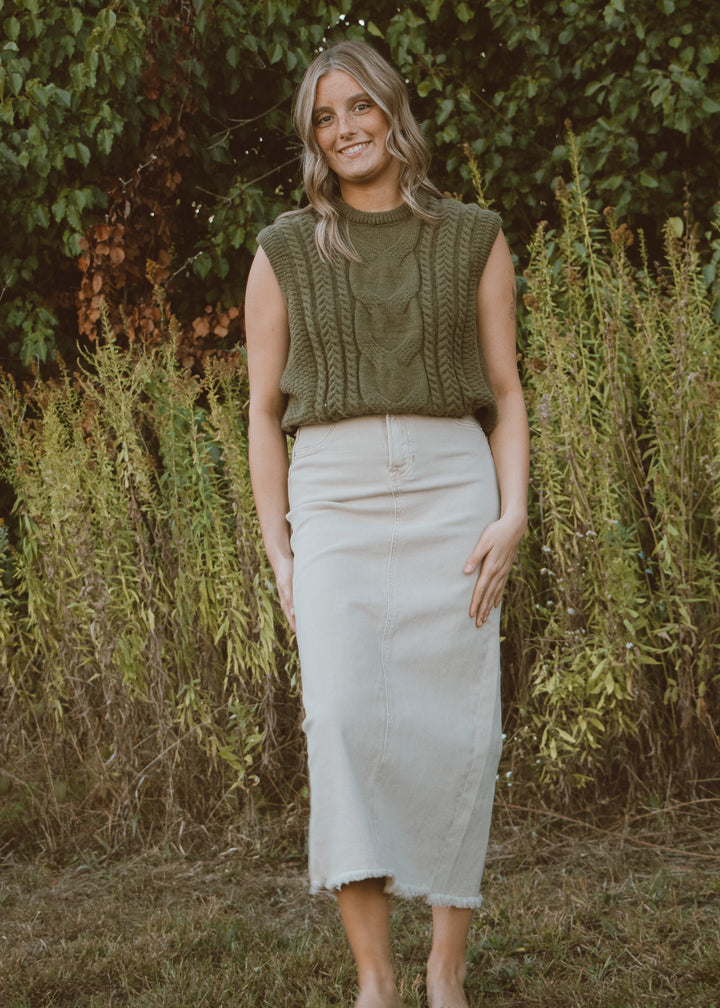 Toffee Twist Denim Midi Skirt