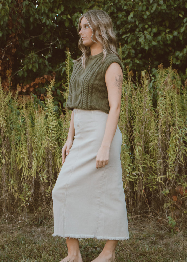 Toffee Twist Denim Midi Skirt