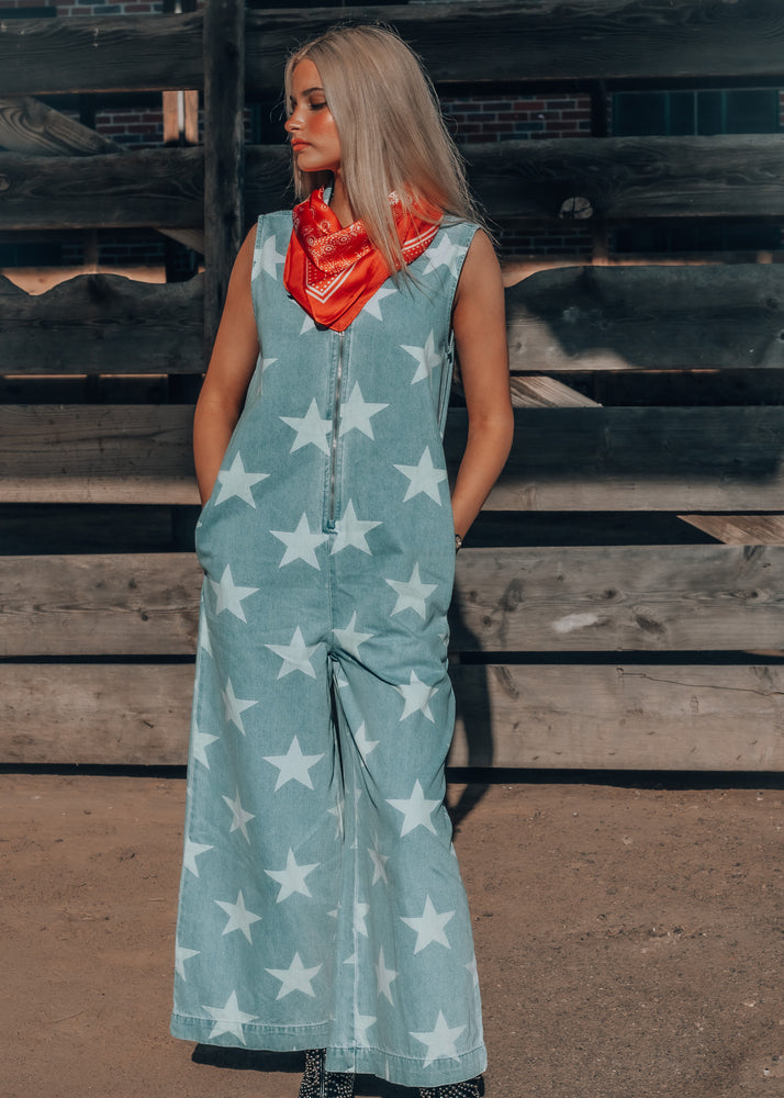 Party in the USA Star Printed Denim Jumpsuit