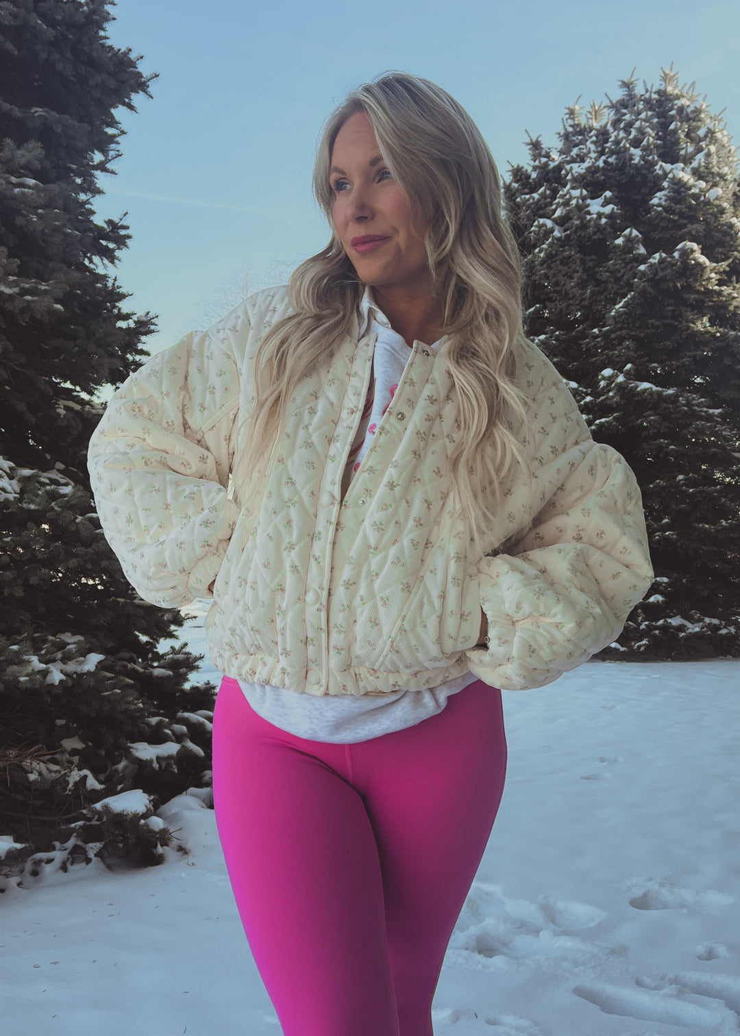 Ivory Floral Quilted Bomber Coat