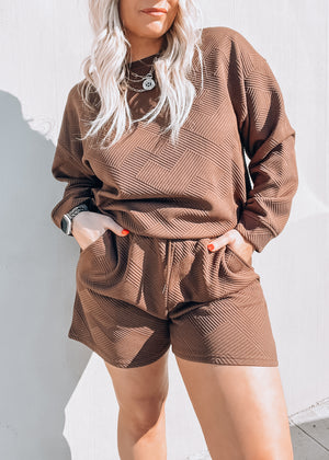 
            
                Load image into Gallery viewer, Around The Clock Texture Long Sleeve Top and Drawstring Shorts Set
            
        