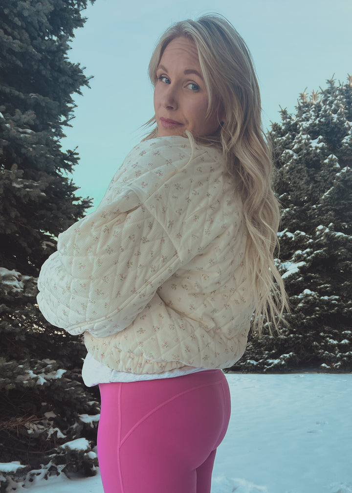 Ivory Floral Quilted Bomber Coat