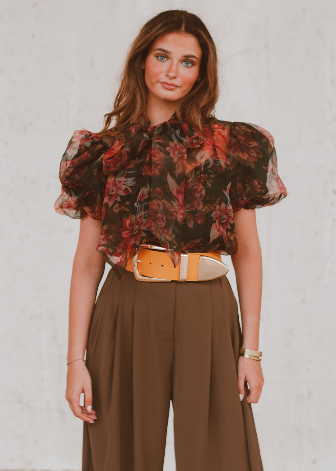 floral work blouse, puff sleeve work blouse, floral detail top, tie neck detail top, work outfit ideas, work appropriate top