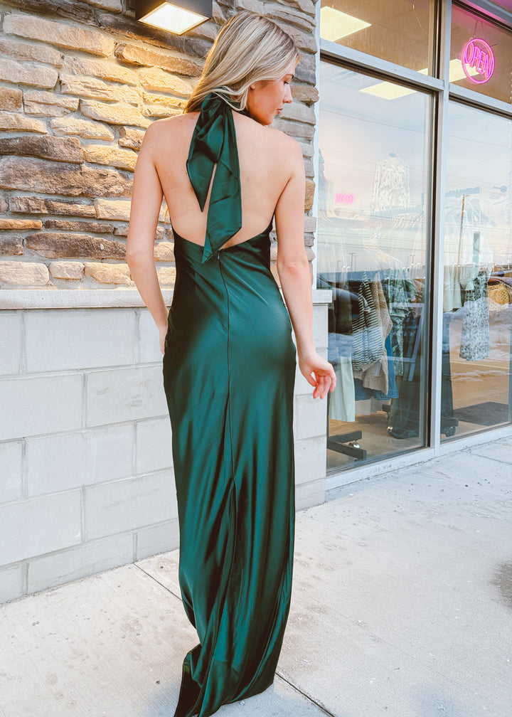 Emerald Elegance Satin Dress