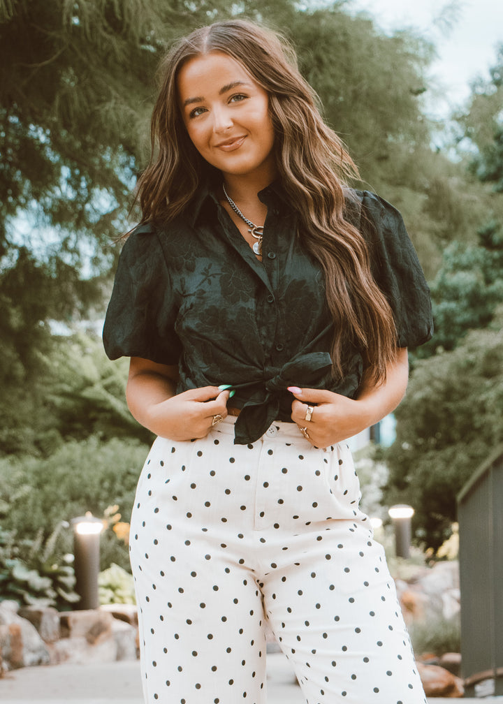 black work top, floral print work blouse, collared work blouse, puff sleeve top, button detail top, work outfit