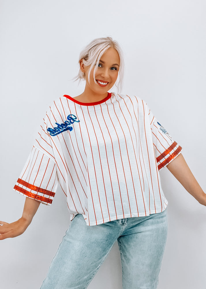 Here for the Pitcher striped Baseball Tee