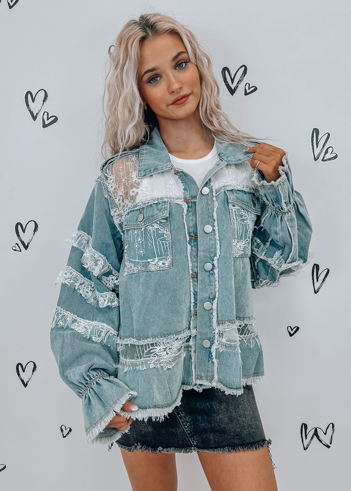 
            
                Load image into Gallery viewer, So Darling Denim and Lace Jacket
            
        