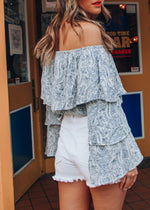 Delta Dawn Blue and Ivory  Ruffle Top