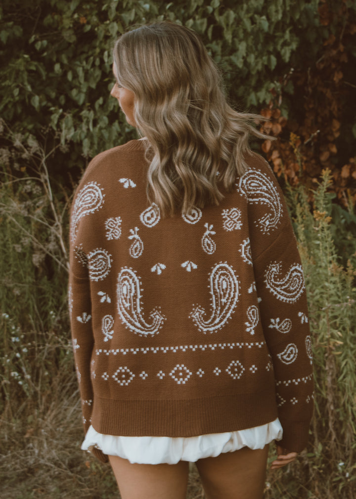Person wearing a brown sweater with white paisley patterns in a natural setting.