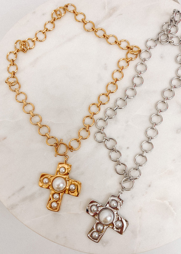 Harper Pearl Cross Necklace