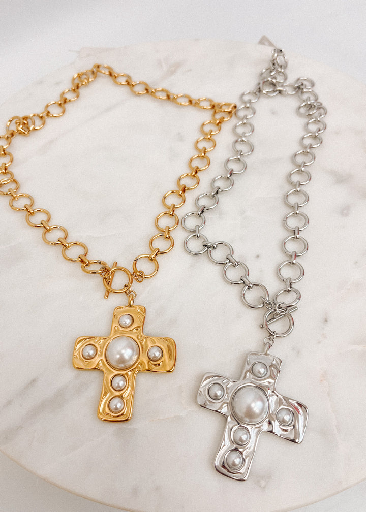 Harper Pearl Cross Necklace