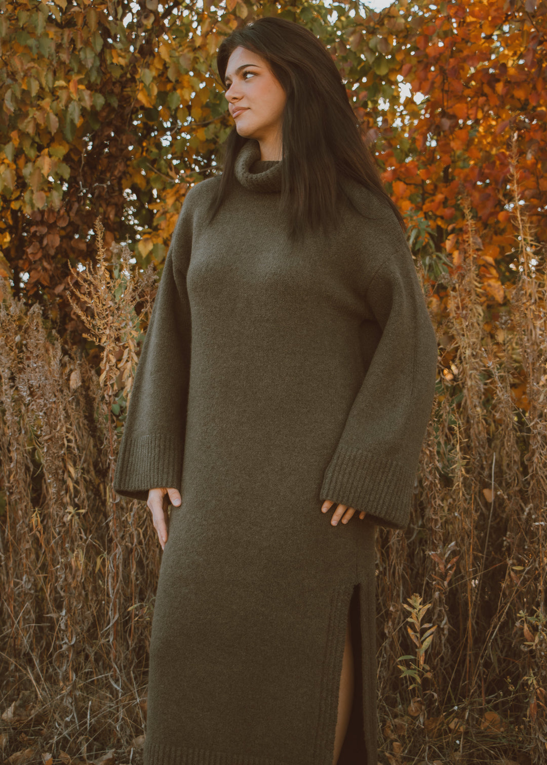 Woman wearing a long olive green turtleneck sweater dress in an autumn setting