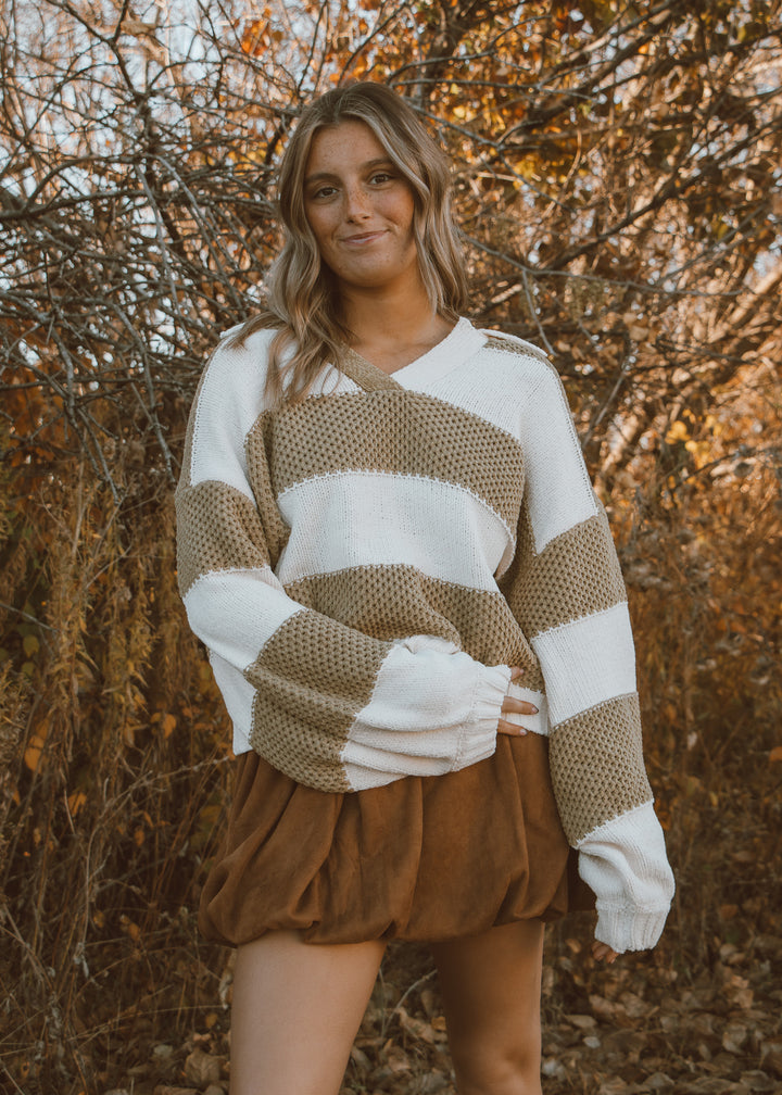 White and green sweater and bubble skirt