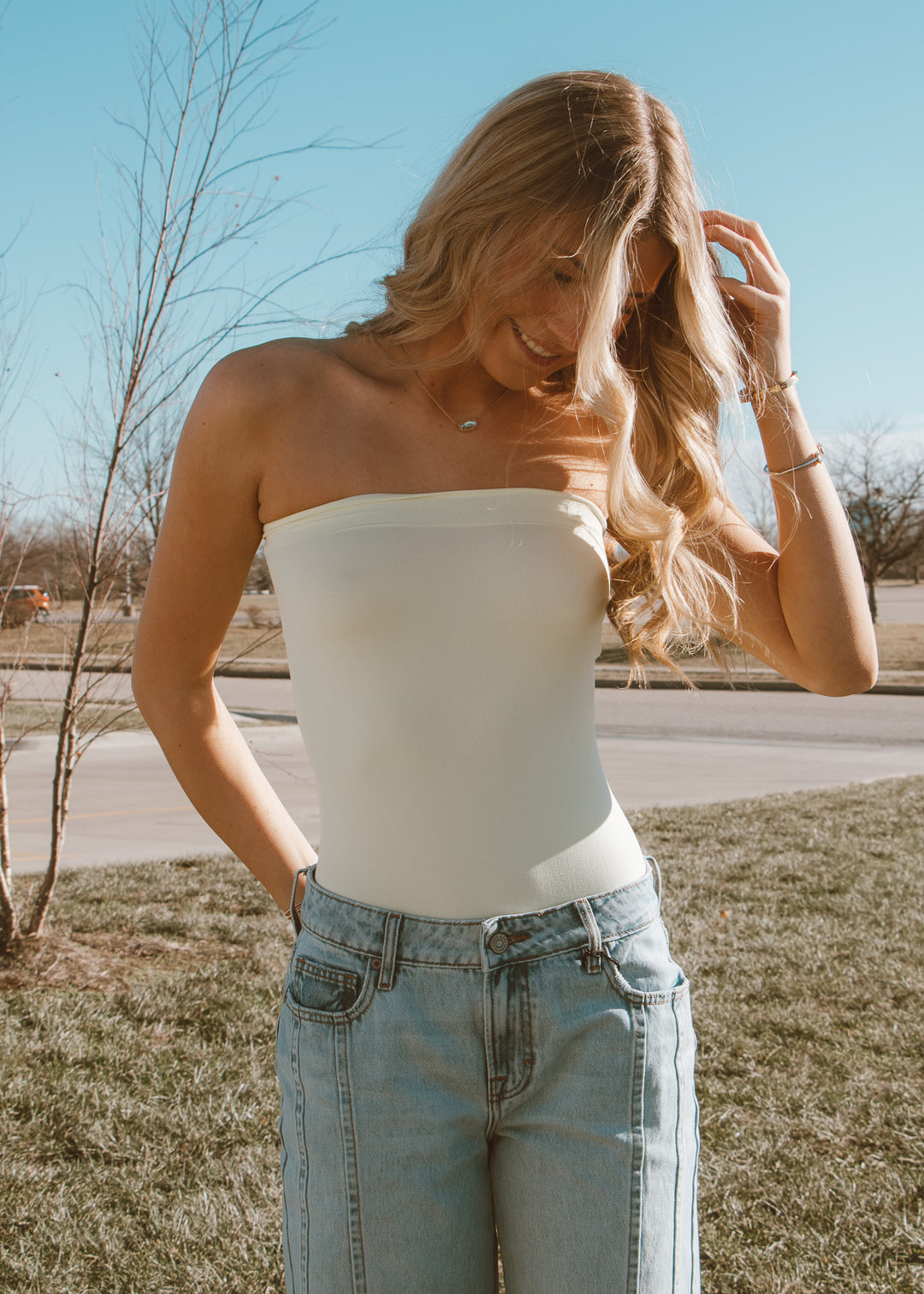 strapless body suit outfit