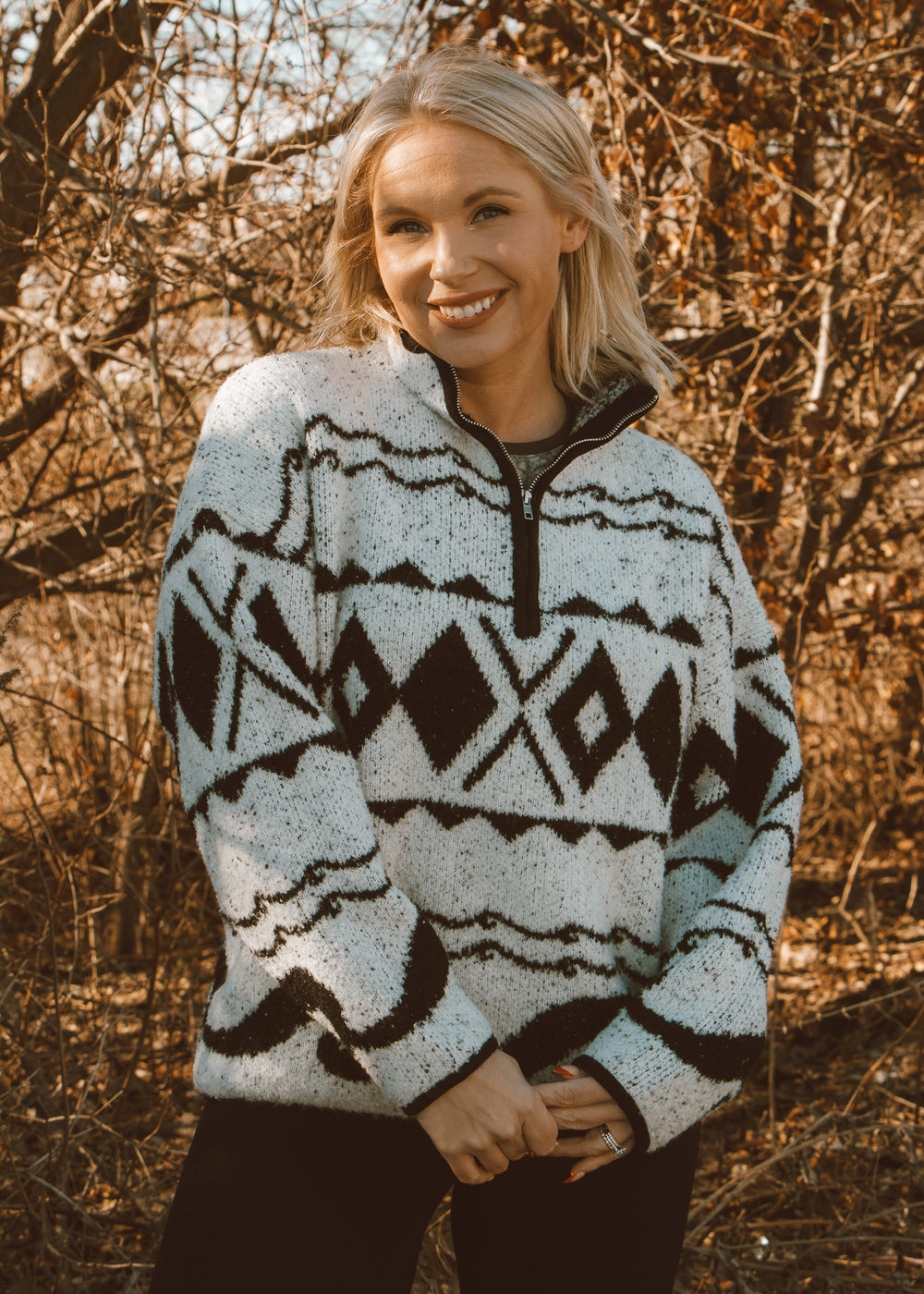 black and white quarter zip