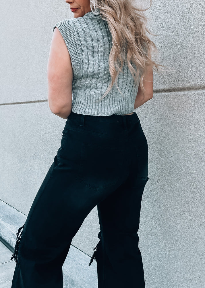 Grey Cable Knit Sleeveless Turtleneck