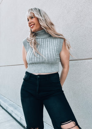 Grey Cable Knit Sleeveless Turtleneck