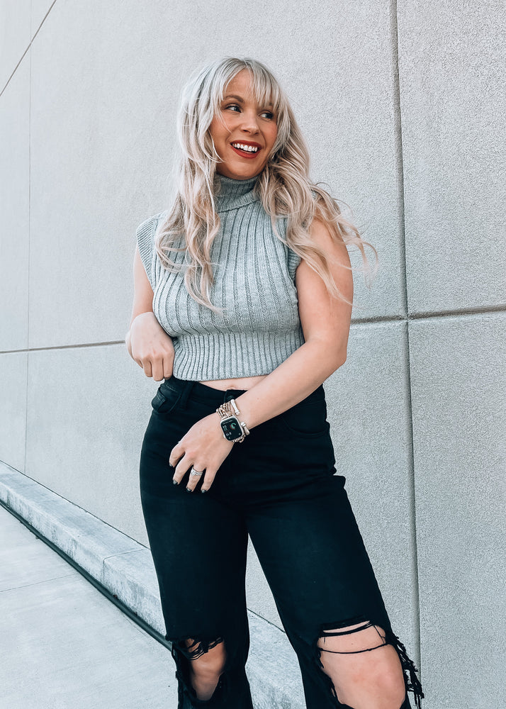 Grey Cable Knit Sleeveless Turtleneck