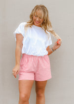 pink and white gingham pattern, gingham shorts, high rise shorts, lounge shorts, comfortable shorts, summer shorts