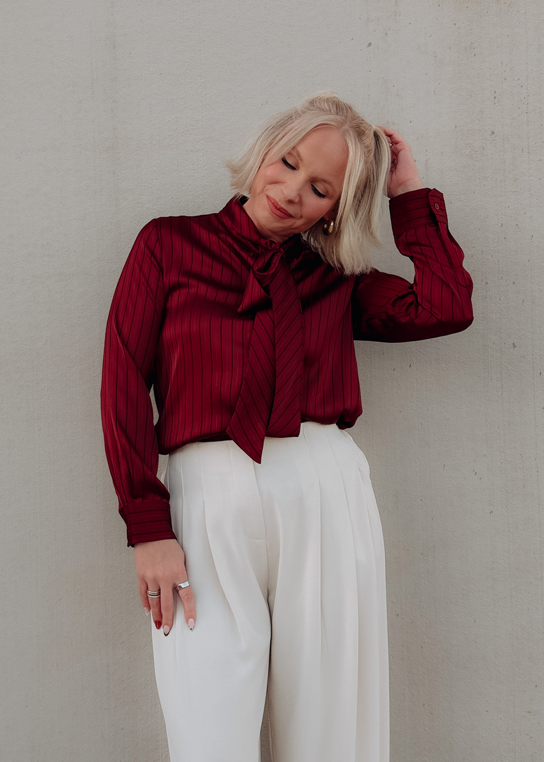 Side of Cranberry Tie Neck Blouse