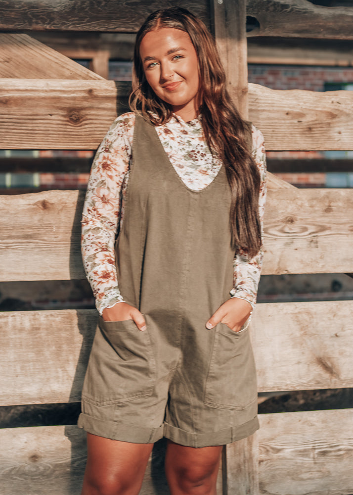 Mama Tried Olive Denim Romper