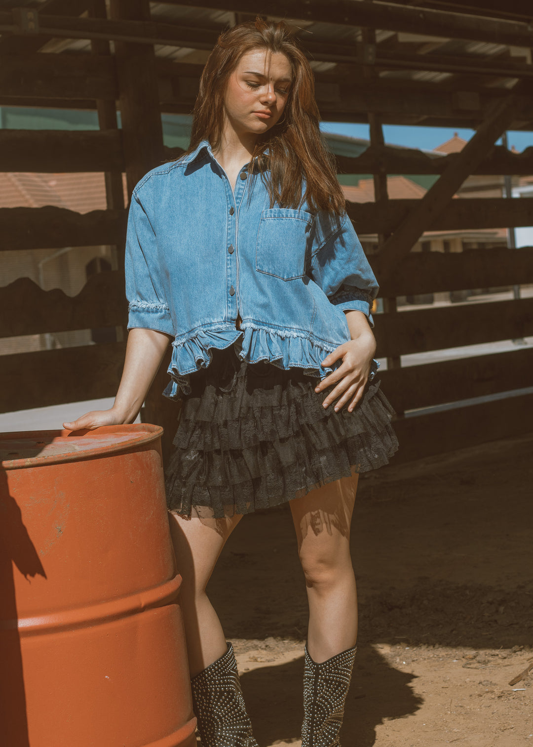 Delilah Ruffle Hem Denim Top