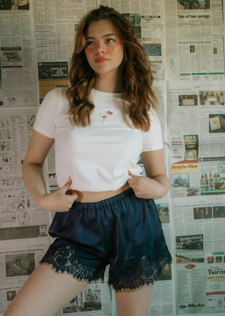 Samantha Navy Satin and Lace Short