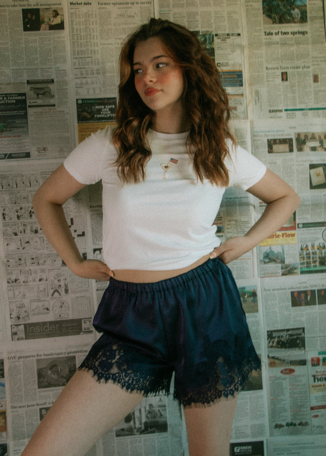 Samantha Navy Satin and Lace Short