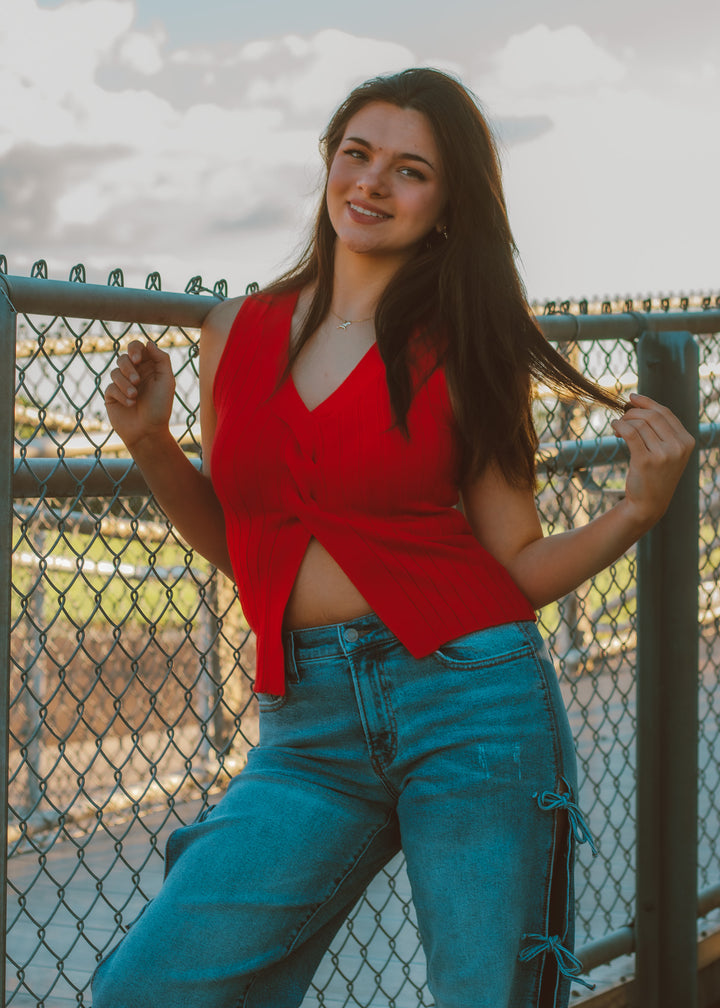 Cherry Red Twisted Sweater Top