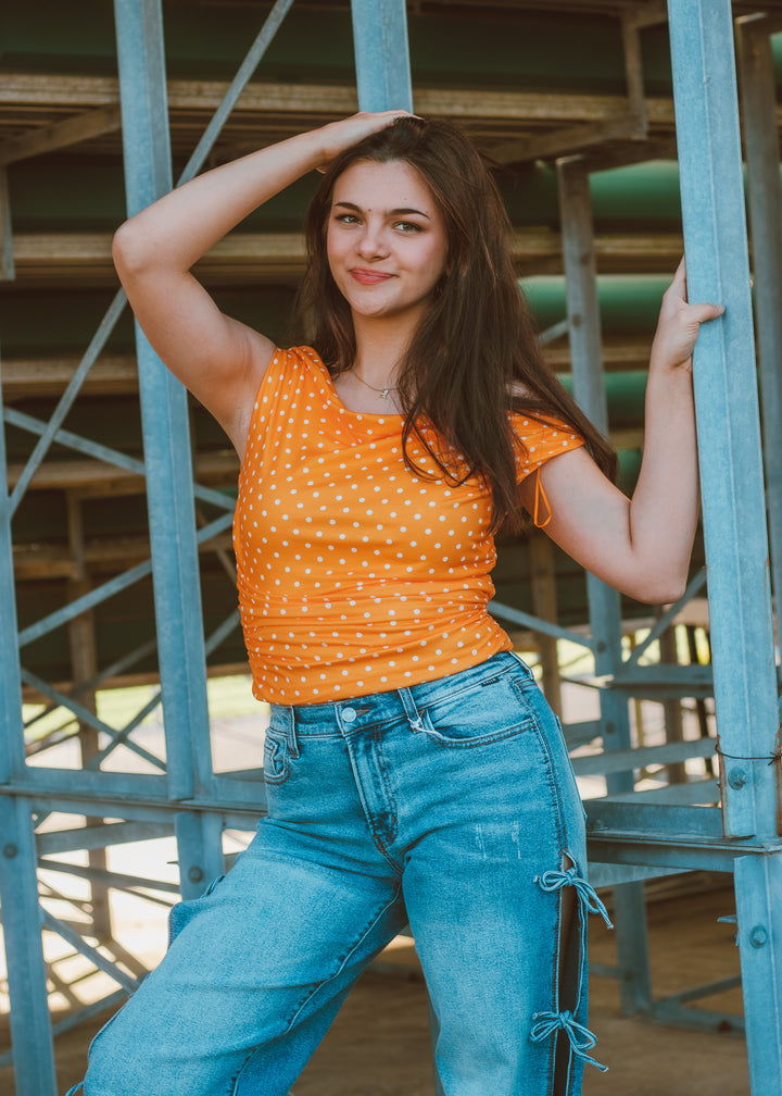 Fan Favorite Orange Polka Dot Top