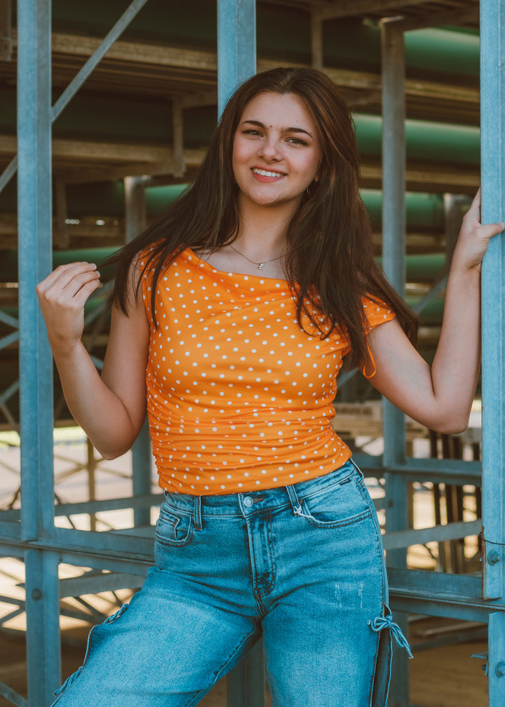Fan Favorite Orange Polka Dot Top