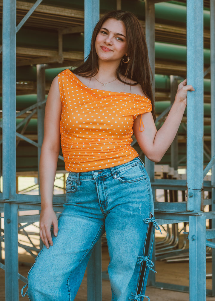Fan Favorite Orange Polka Dot Top