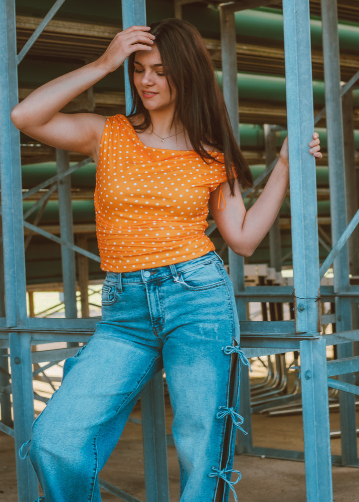 Fan Favorite Orange Polka Dot Top