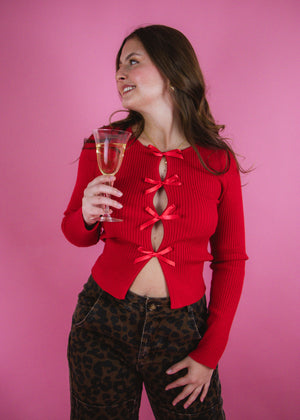 Red Hot Long Sleeve Bow Top