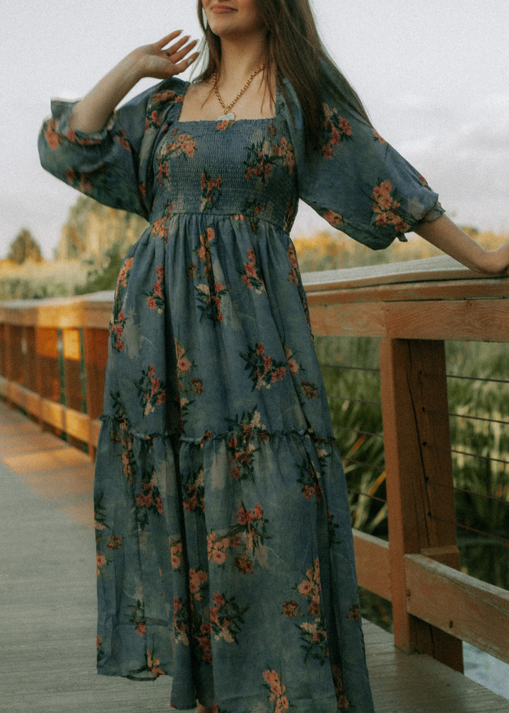 Midnight Bloom Smocked Maxi Dress