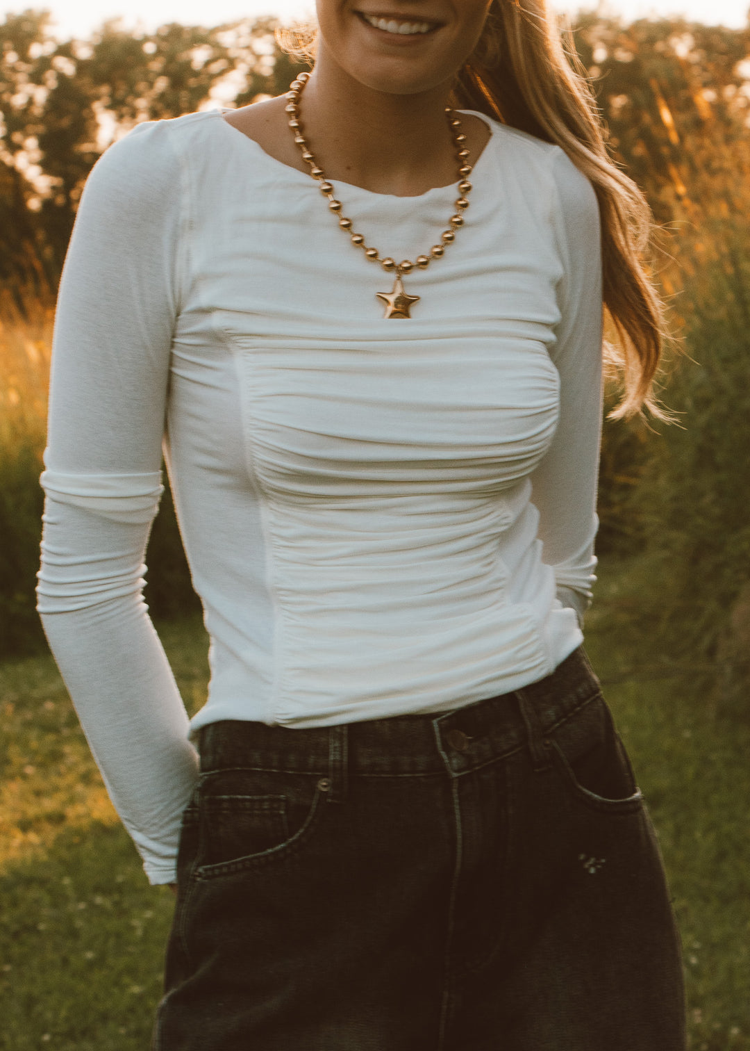 Cream Corset-Seam Long Sleeve
