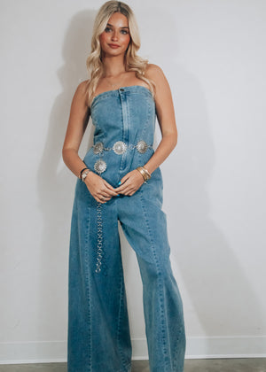 Saddle Up Strapless Denim Jumpsuit