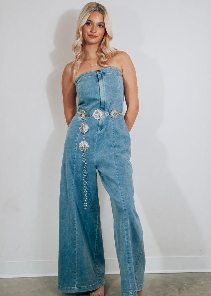 Saddle Up Strapless Denim Jumpsuit