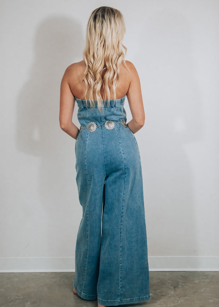 Saddle Up Strapless Denim Jumpsuit