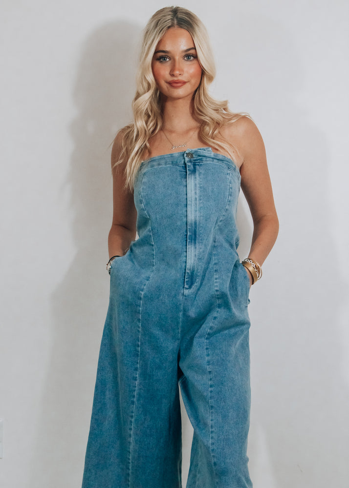 Saddle Up Strapless Denim Jumpsuit