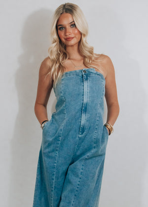 Saddle Up Strapless Denim Jumpsuit