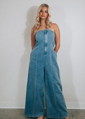 Saddle Up Strapless Denim Jumpsuit