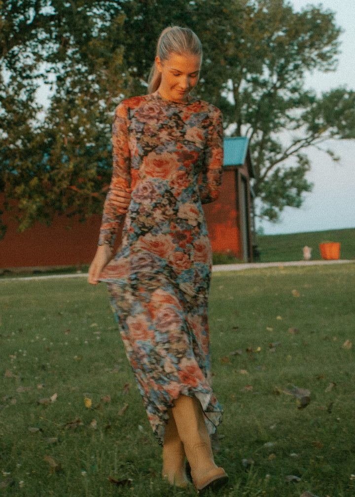 Fall Floral Mesh Maxi Dress