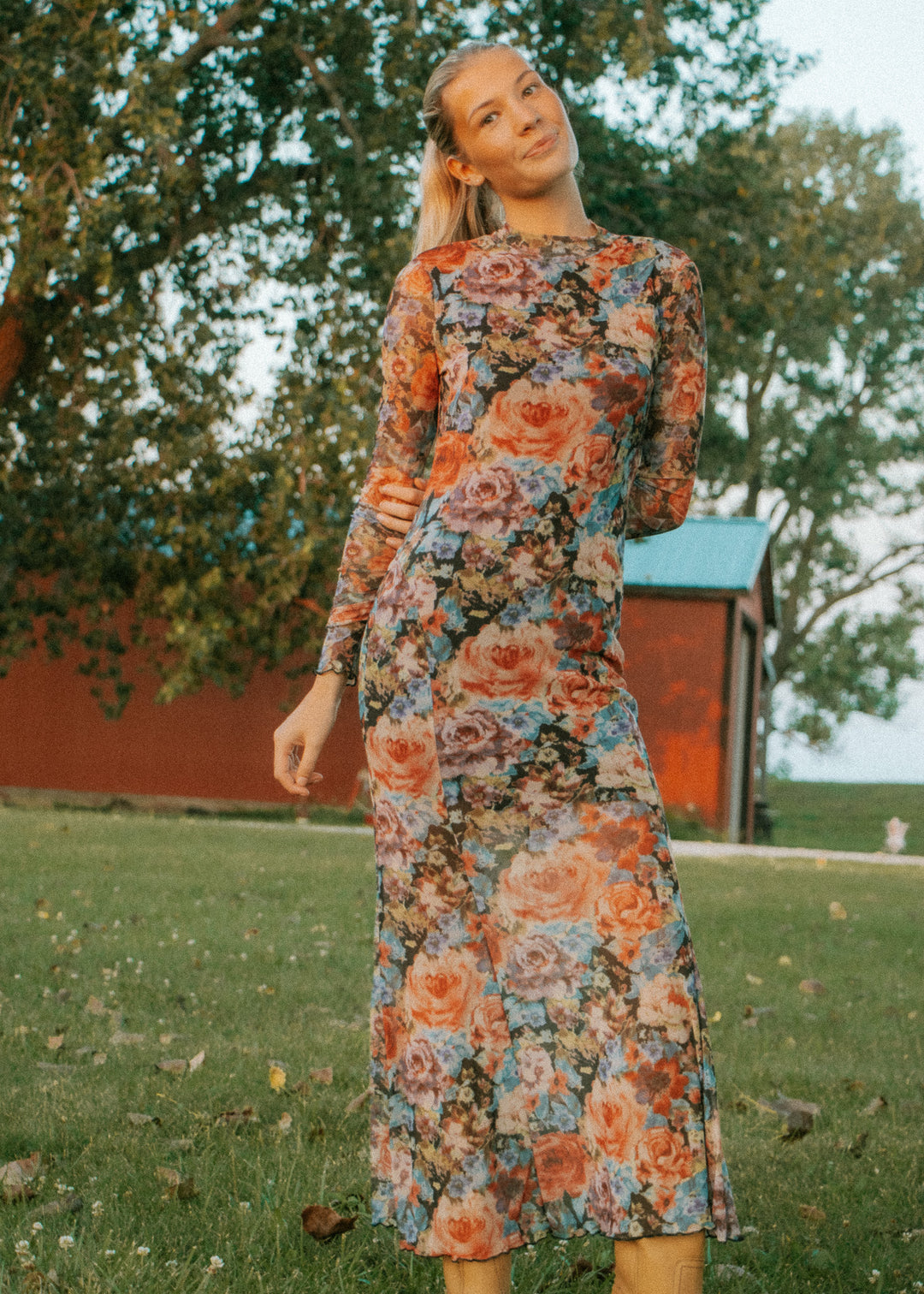 Fall Floral Mesh Maxi Dress
