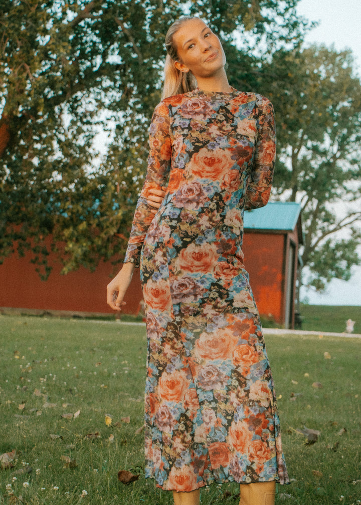 Fall Floral Mesh Maxi Dress