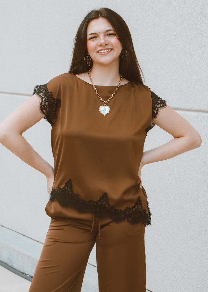 Rich Wheat Satin and Lace Top