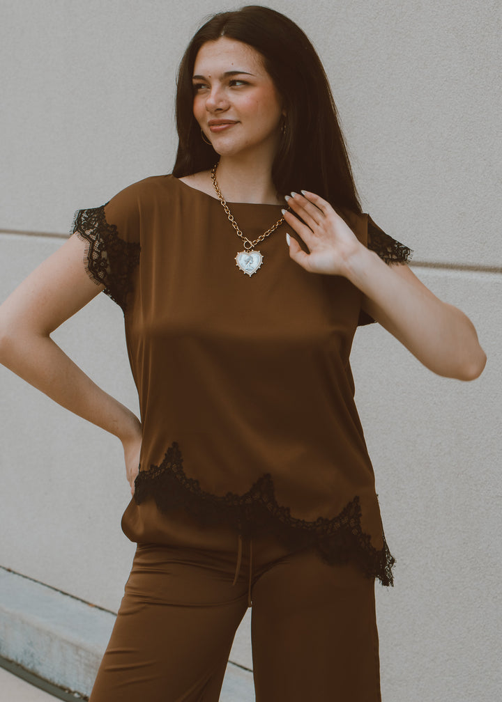 Rich Wheat Satin and Lace Top