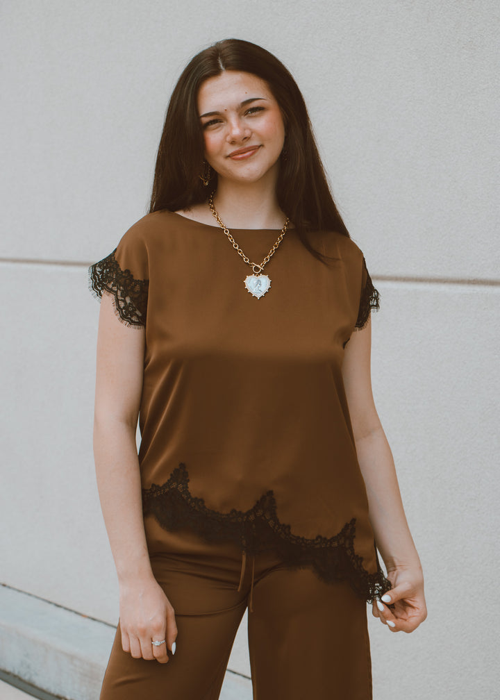 Rich Wheat Satin and Lace Top